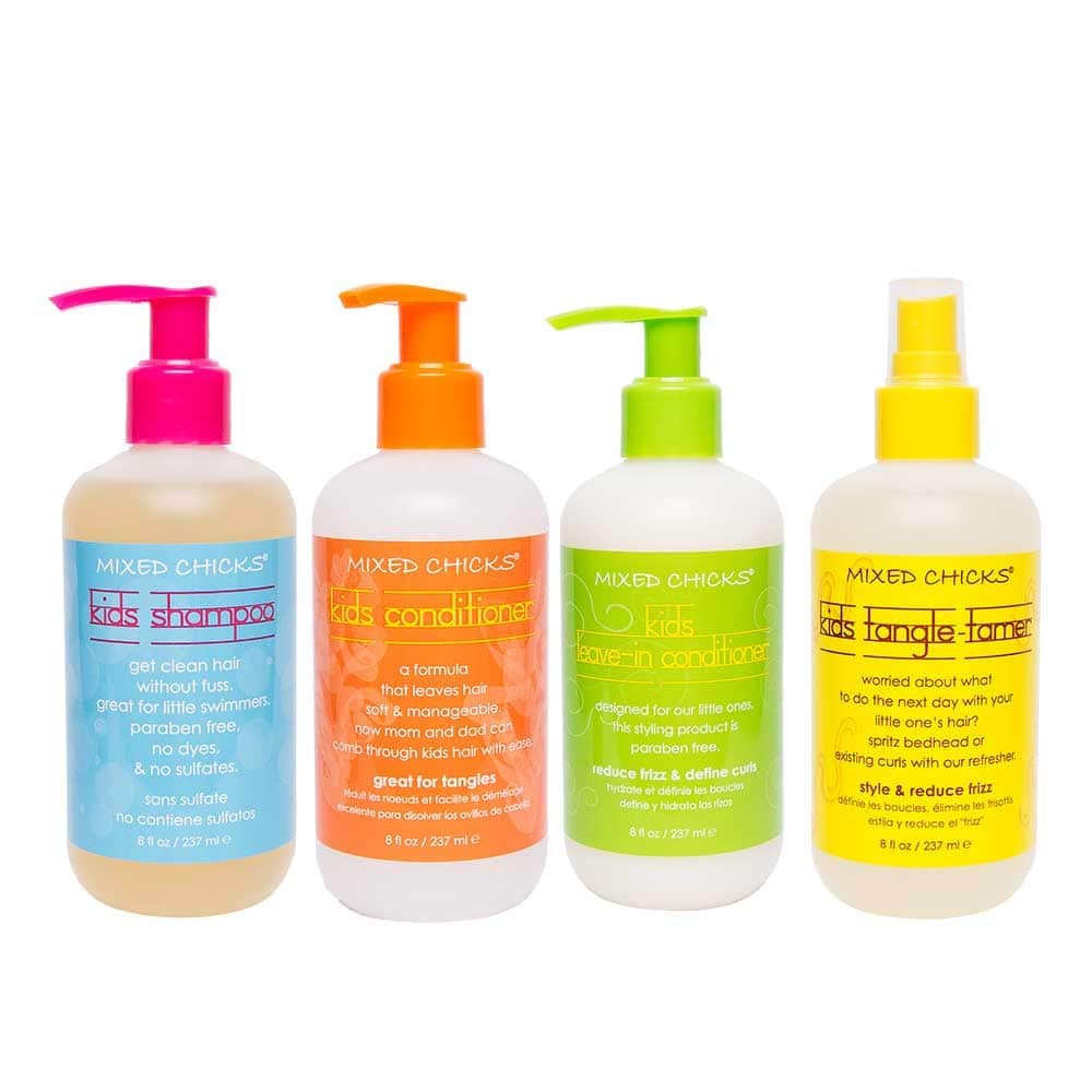 Mixed Chicks quad front packaging showing all four bottles and benefits