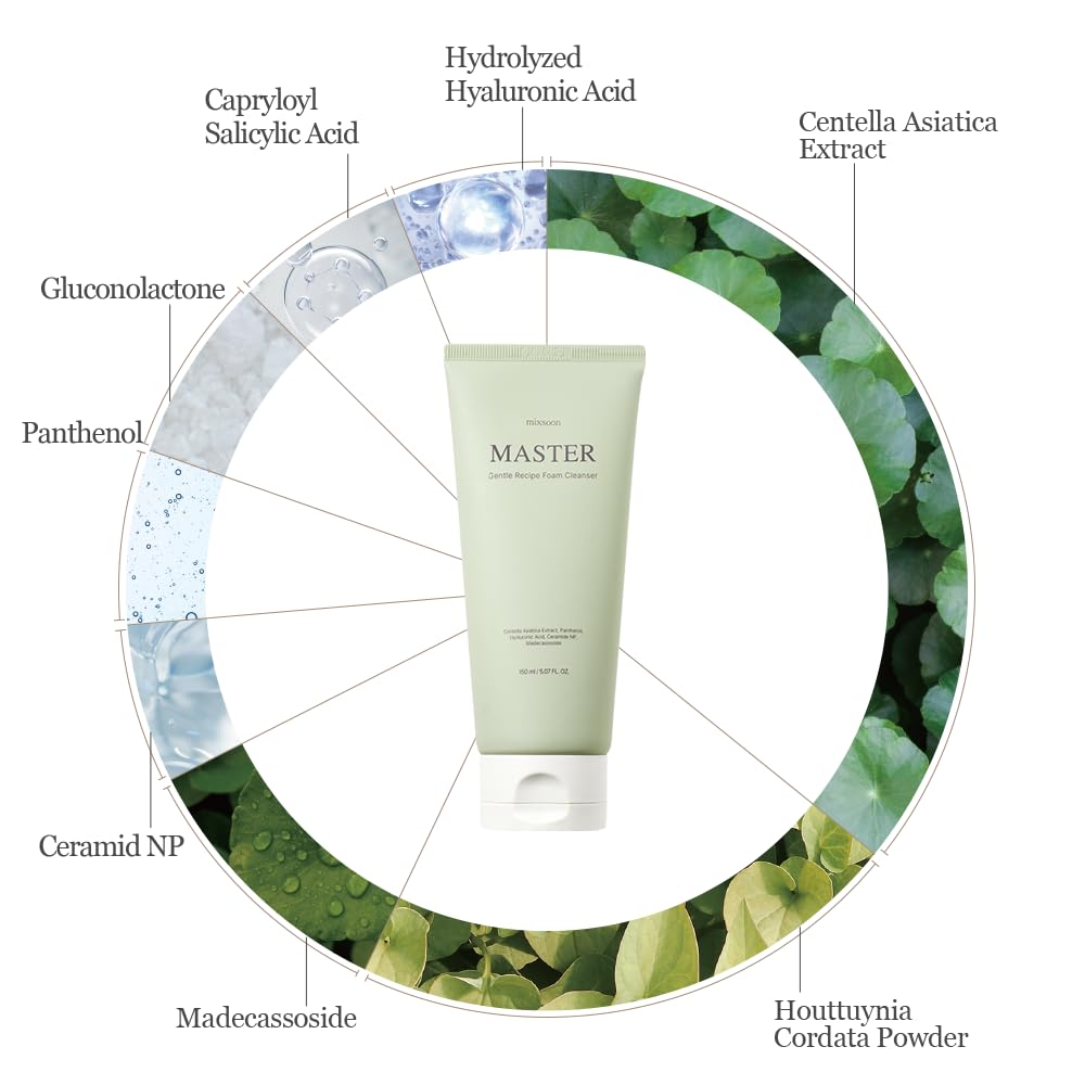 mixsoon cleanser with centella leaf and crystals indicating soothing, calming benefit