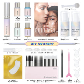 MIYA LASH kit contents laid out showing tools and solutions for easy at-home use