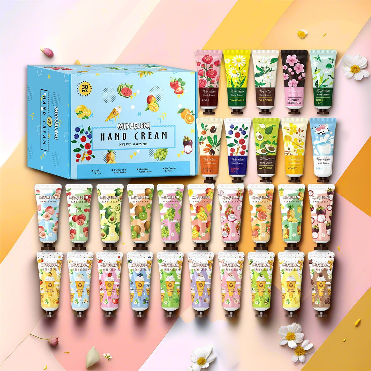 MIYUELENI tube close-up labels with illustrated scent identifiers