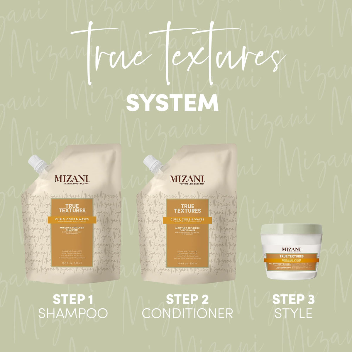Mizani being massaged into wet hair to detangle and cleanse gently