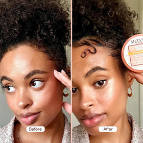 Mizani label close-up highlighting castor oil and shea butter ingredients