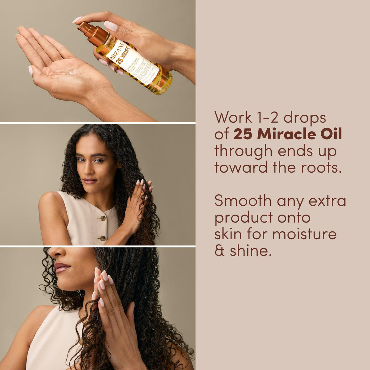 Mizani before and after image showing reduced frizz and shine