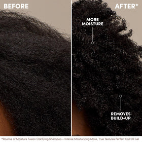 Mizani before and after wet hair clarified showing visible removal of buildup