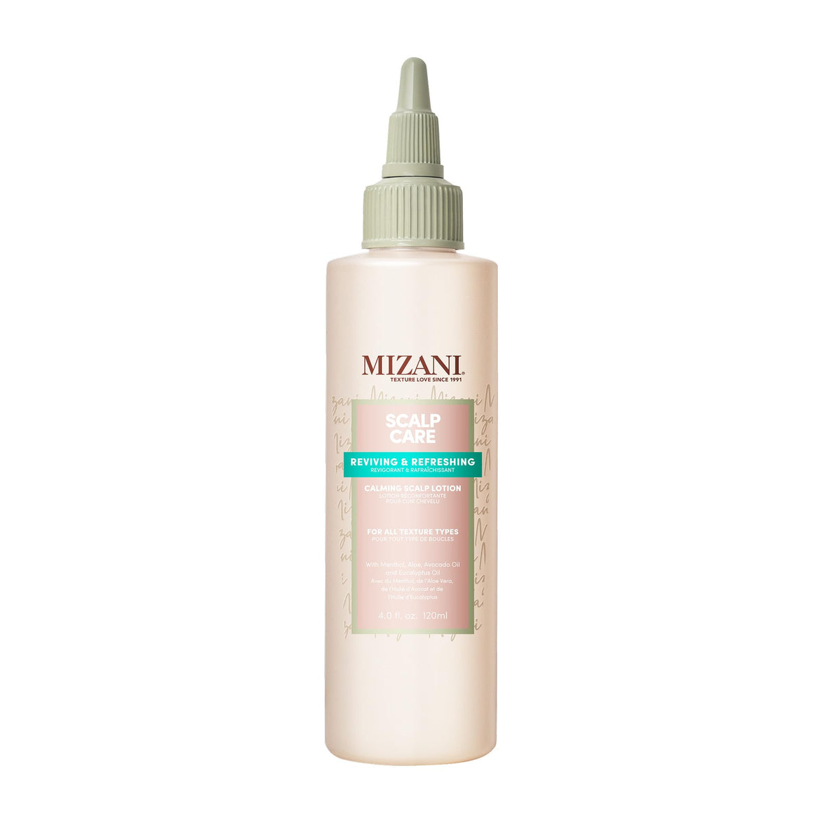 Mizani calming scalp lotion front packaging shows product and calming benefit