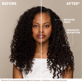 Mizani styled hair under a diffuser showing enhanced volume and bounce