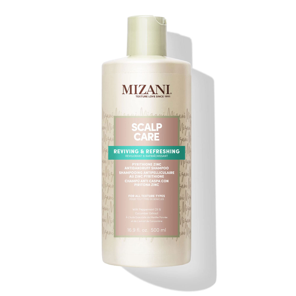 Mizani front bottle of scalp care dandruff shampoo showing label and size benefit