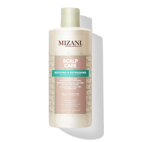 Mizani front bottle of scalp care dandruff shampoo showing label and size benefit