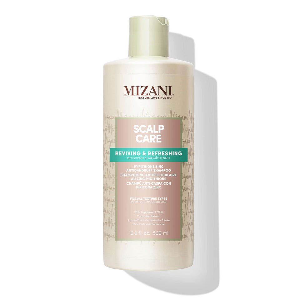 Mizani front bottle of scalp care dandruff shampoo showing label and size benefit