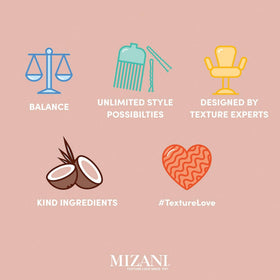 Mizani shampoo on bathroom shelf in lifestyle scene suggesting professional care