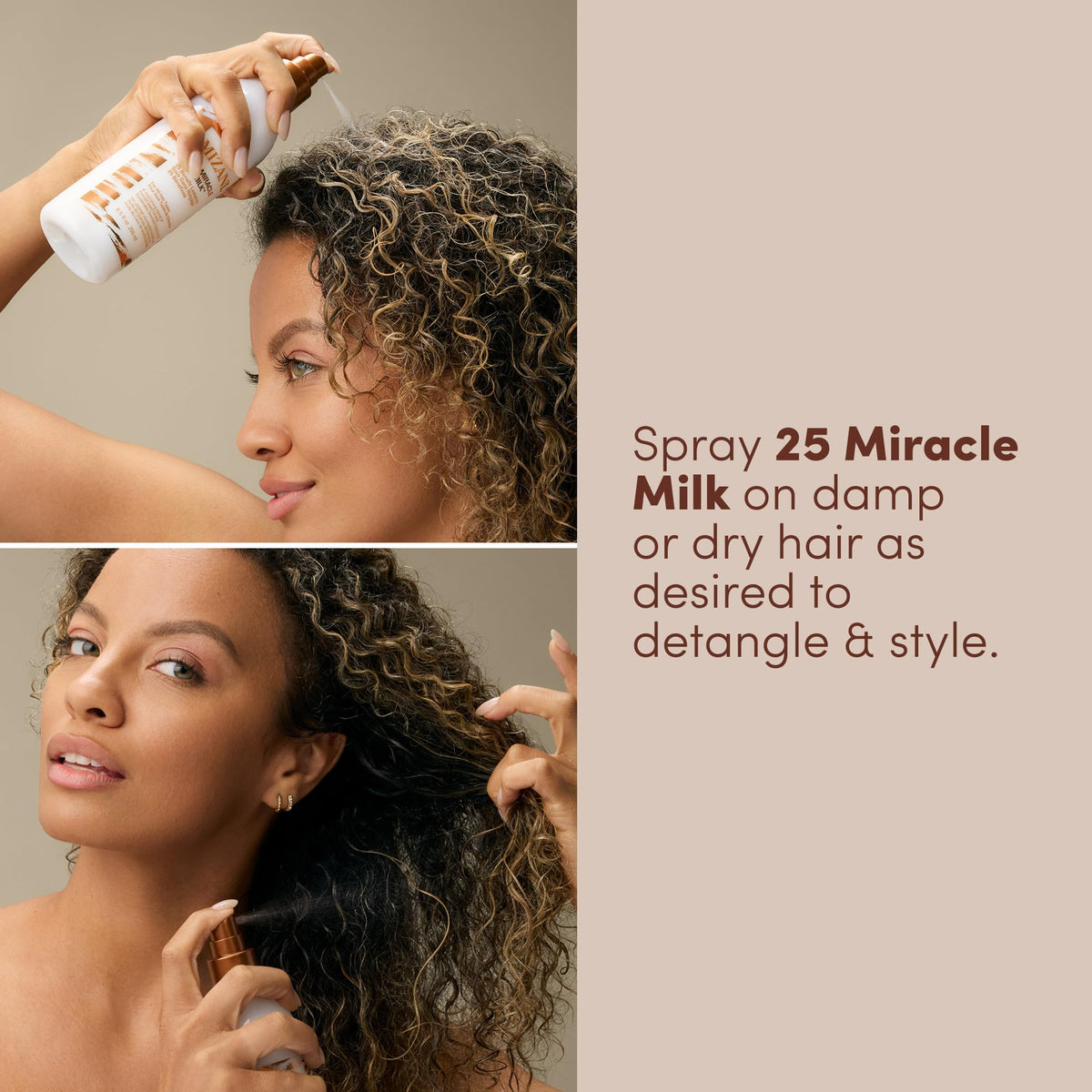 Hands applying Mizani mist to mid-lengths showing easy detangling and control