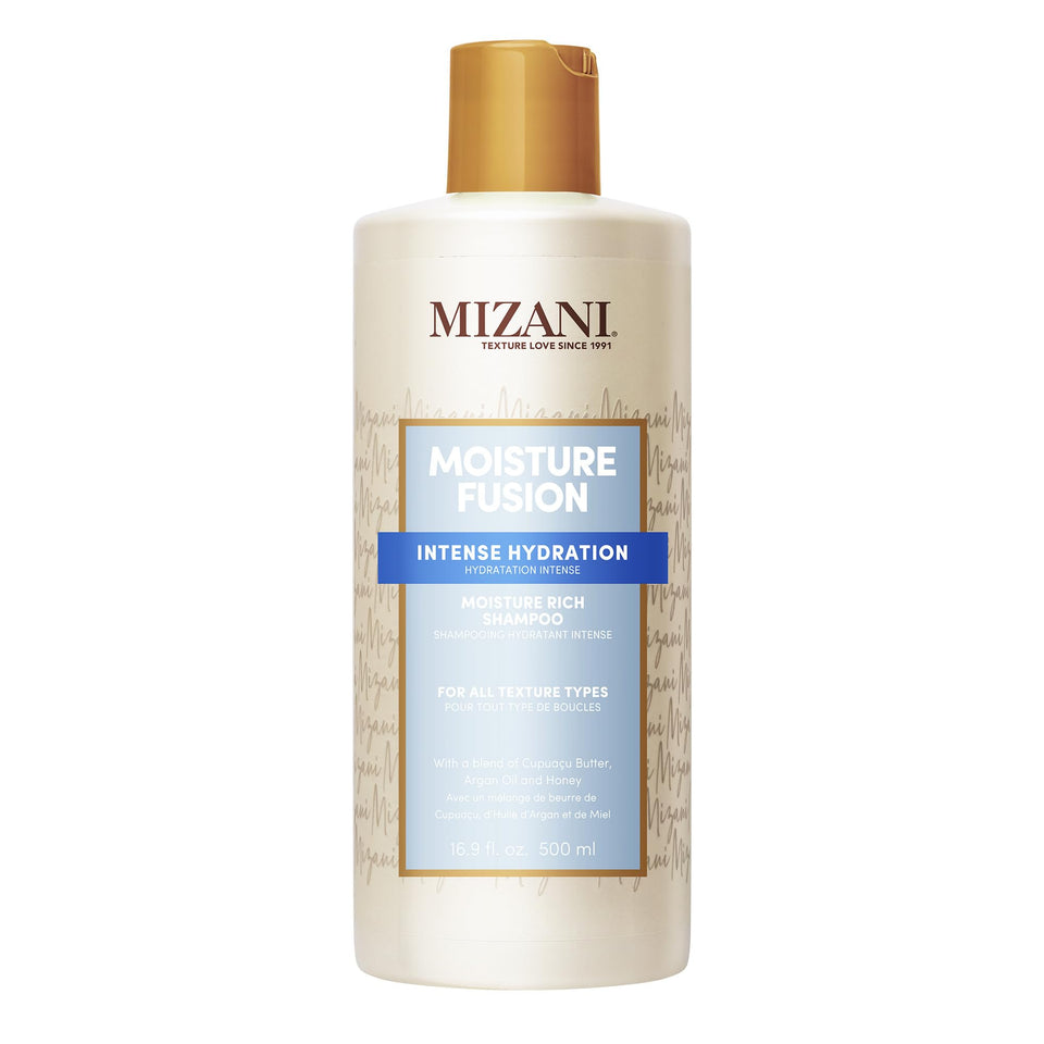 Mizani front packaging showing bottle and brand, highlights hydrating benefits