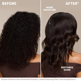 Mizani shampoo being applied in shower, shows easier detangling and slip