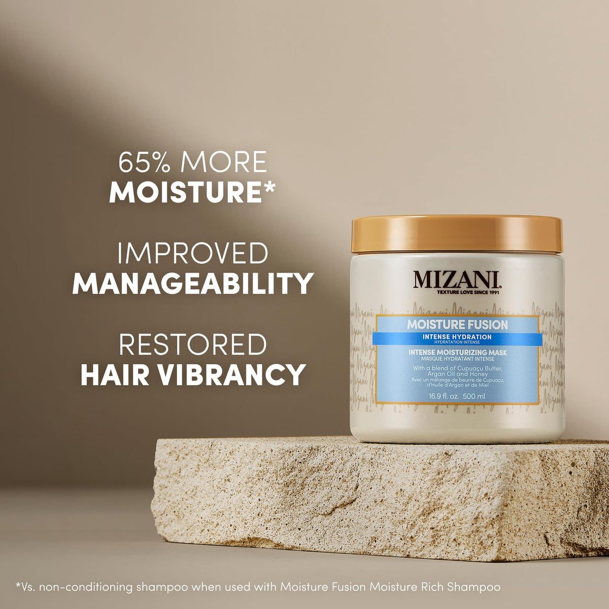 Mizani open jar close-up of creamy texture, emphasizes rich moisturizing feel