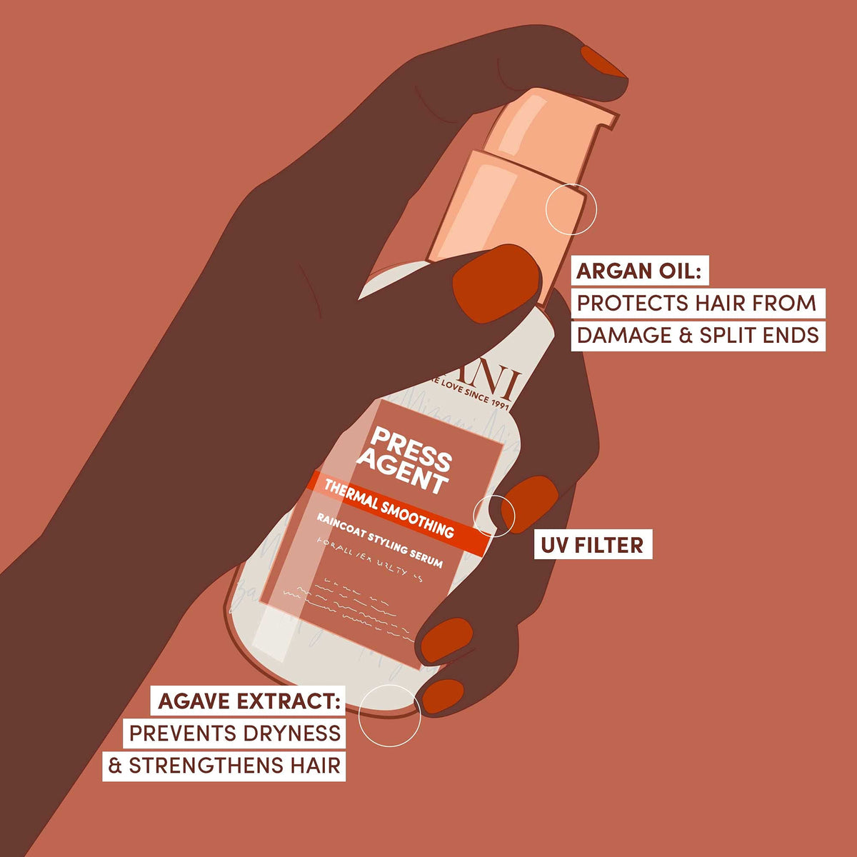 Mizani smoothing dry hair photo showing tamed flyaways and polished finish