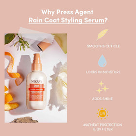 Mizani serum drop on finger displaying lightweight texture and smooth spreadability