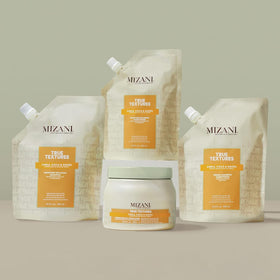Mizani bottle on bathroom shelf in lifestyle setting, suggests everyday use