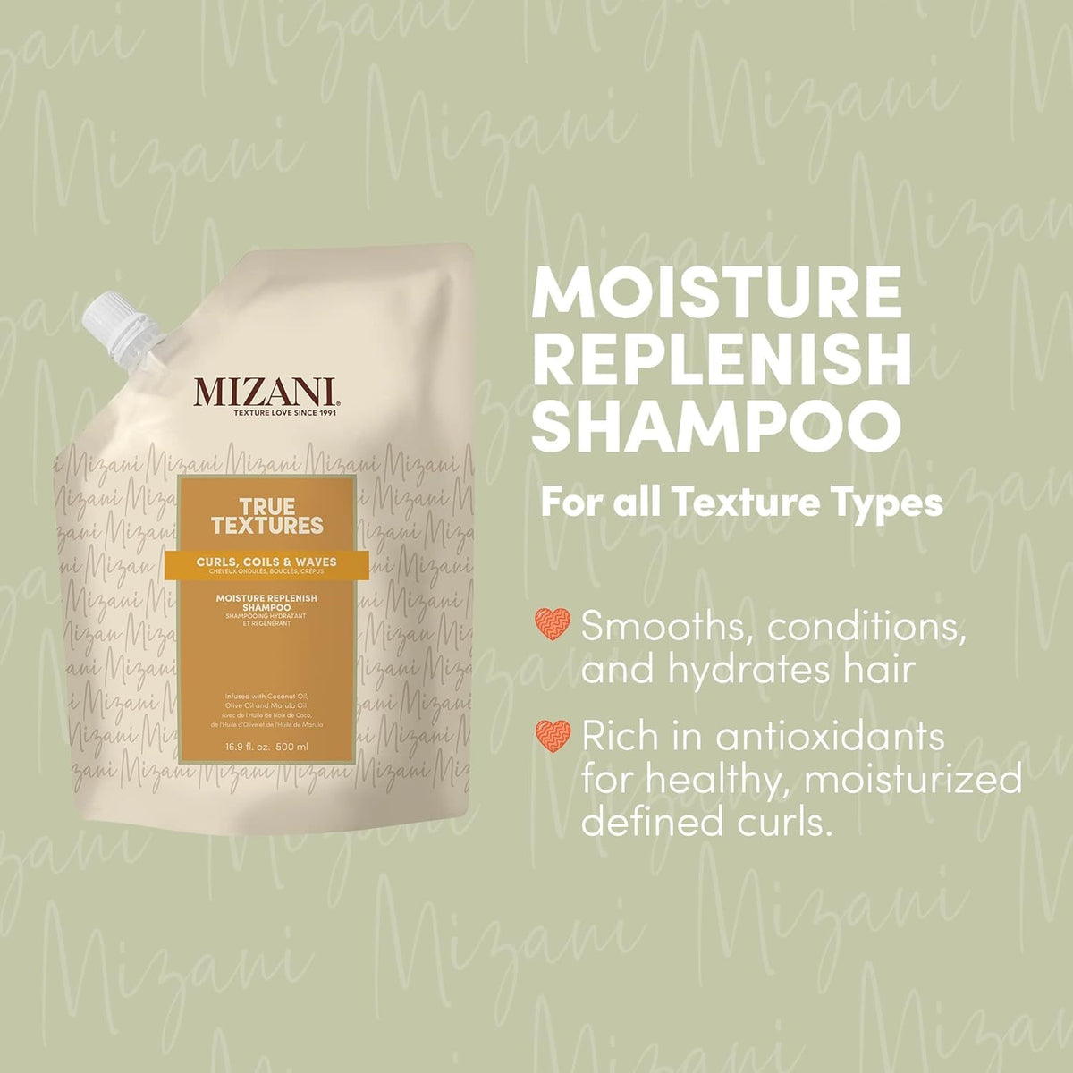Mizani shampoo texture pouring from bottle, highlights moisturizing formula