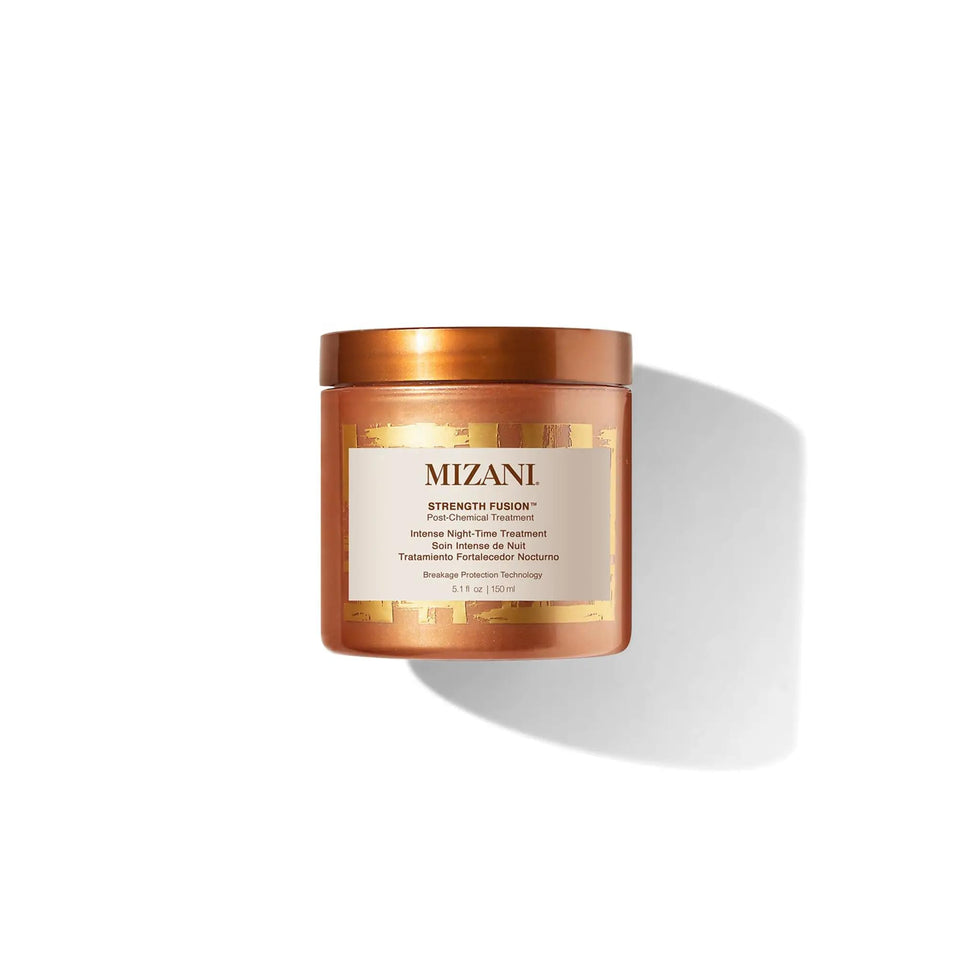 Mizani front packaging showing Strength Fusion treatment and product benefits