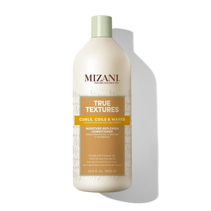 Mizani front bottle view showing product branding and large 33.8 fl oz size benefit