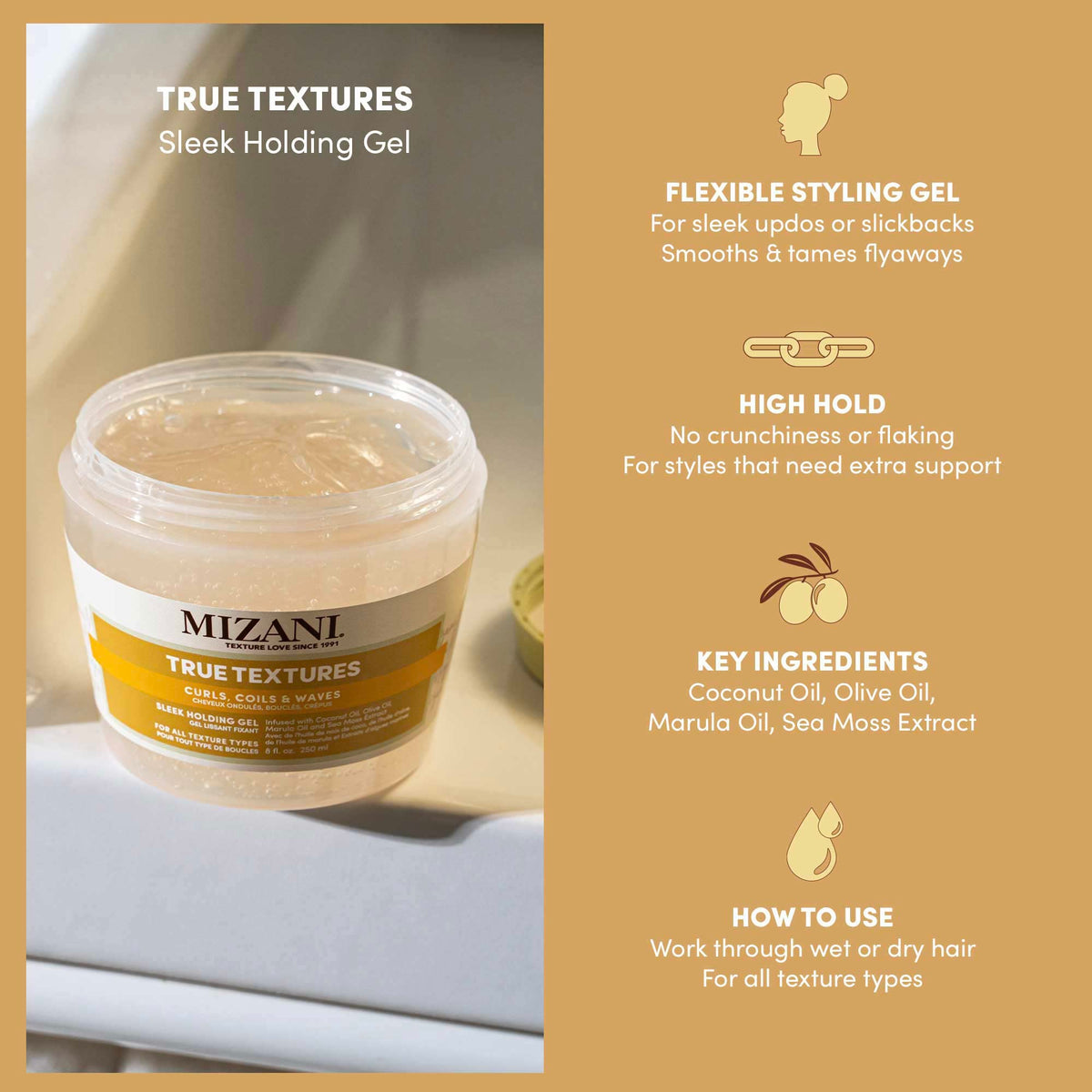 Mizani gel close-up texture demonstrating smooth, non-flaking consistency