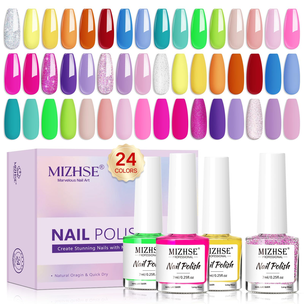 MIZHSE front packaging showing 24 polish bottles and colorful display for quick selection