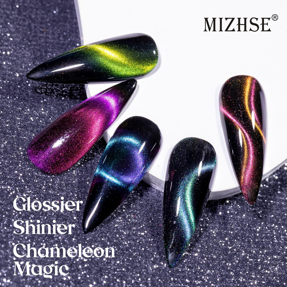 MIZHSE color range flatlay of eight chameleon gels demonstrating varied galaxy hues