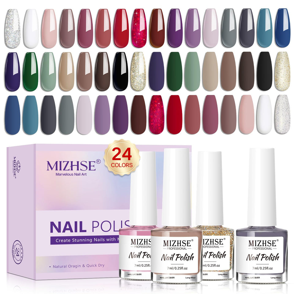MIZHSE front packaging showing 24 colors and quick-dry benefit
