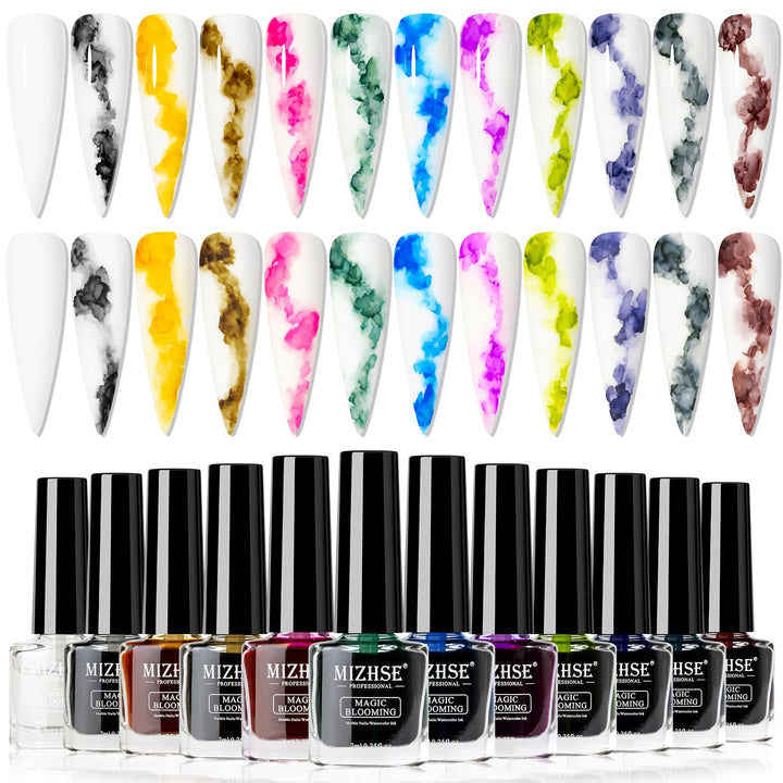 MIZHSE front packaging showing 12-color marble ink set and clear labeling for variety