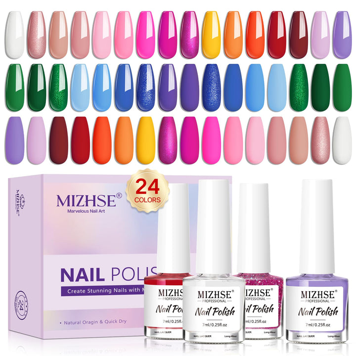 MIZHSE front packaging showing 24 polish bottles and set layout, clear presentation benefit