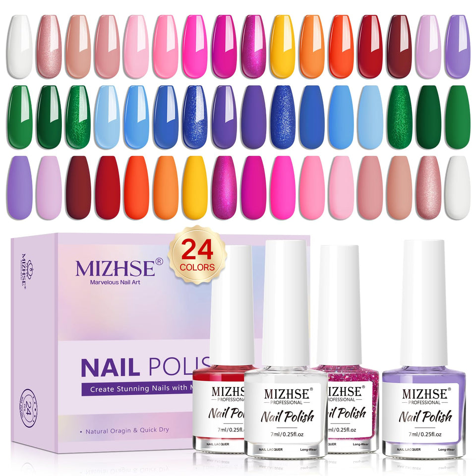 MIZHSE front packaging showing 24 polish bottles and set layout, clear presentation benefit
