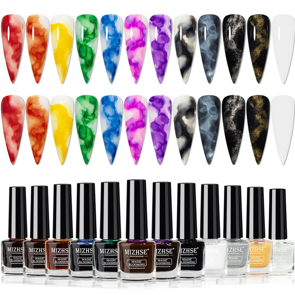 MIZHSE front packaging showing 12 marble nail polishes and gift box, convenient set