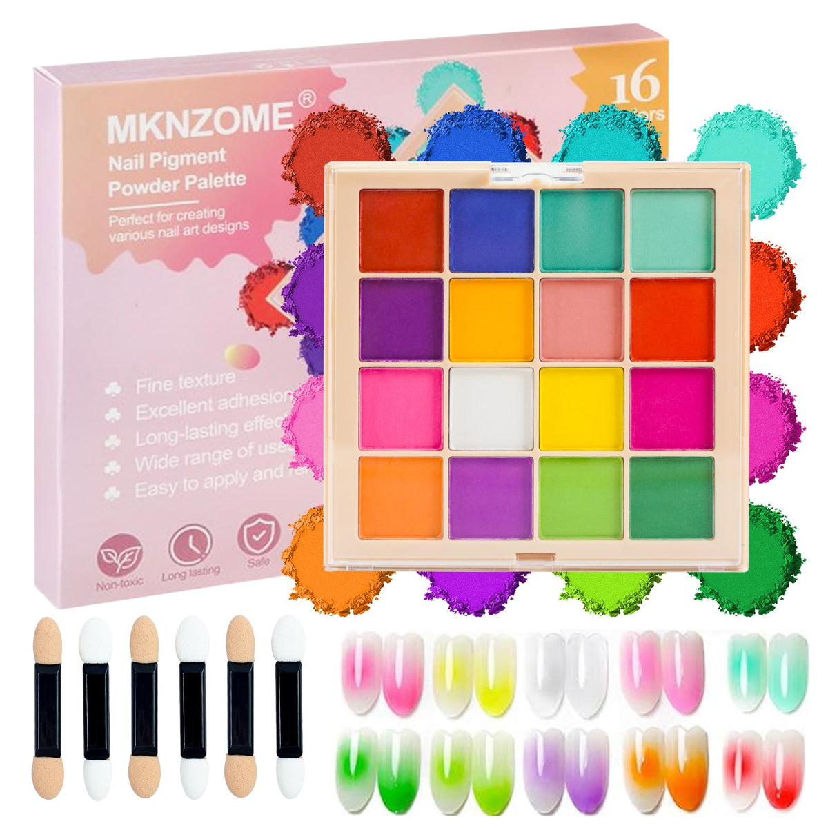 MKNZOME palette top view showing 16 vibrant pigments and easy selection benefit