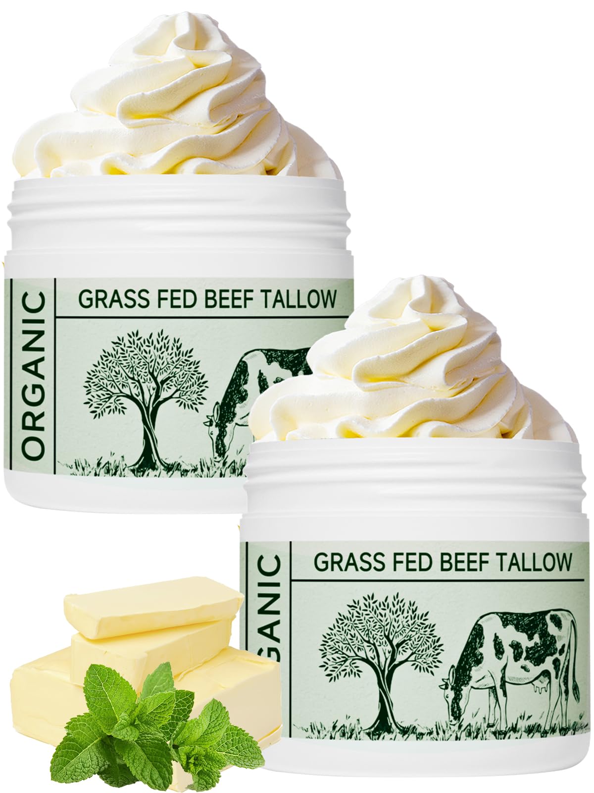 mkzea front packaging tins showing two unscented beef tallow containers, highlights convenience