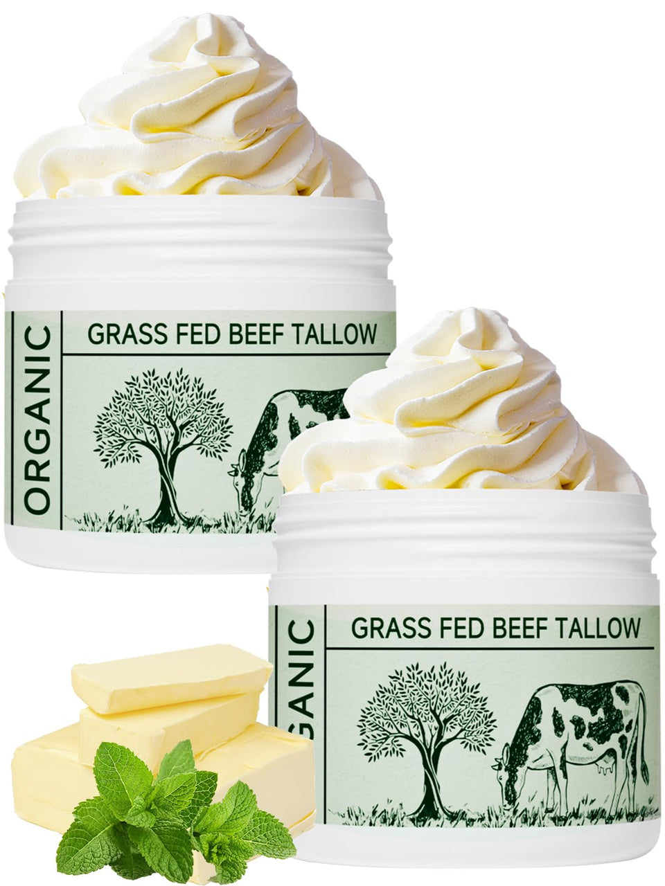 mkzea front packaging tins showing two unscented beef tallow containers, highlights convenience