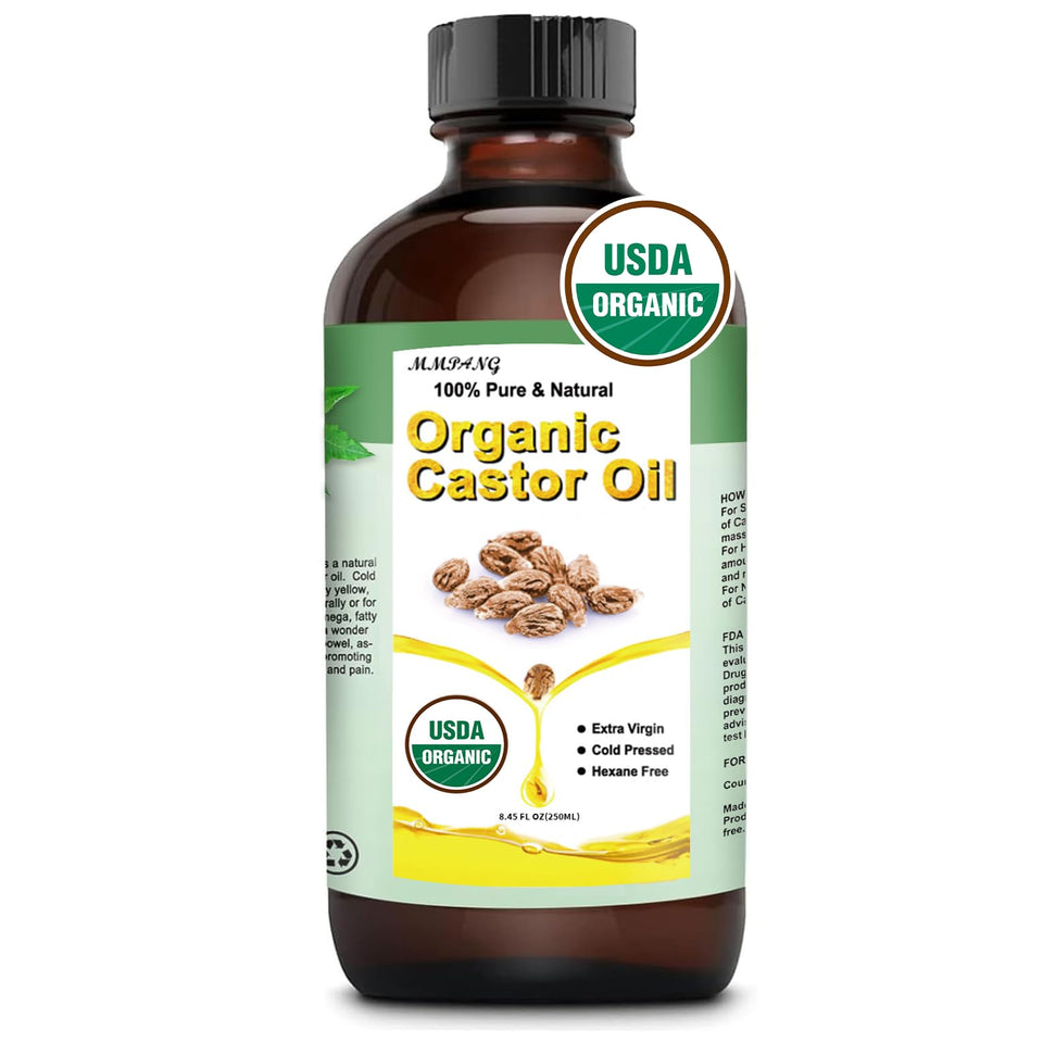 MMPANG front glass bottle showing pure castor oil and clear labeling benefits