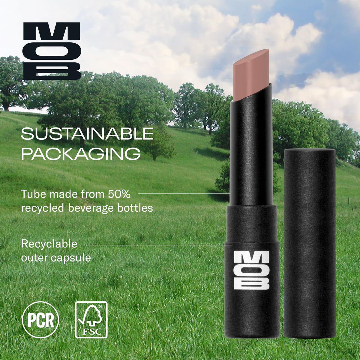 MOB lipstick beside coin showing compact size and easy portability