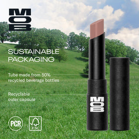 MOB lipstick beside coin showing compact size and easy portability