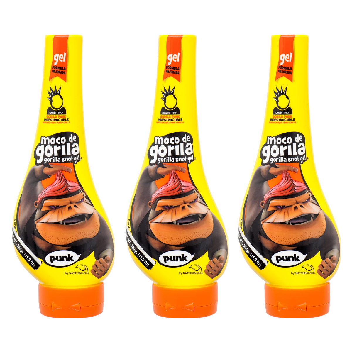 Moco de Gorilla front view of three Punk jars showing label and strong-hold benefit
