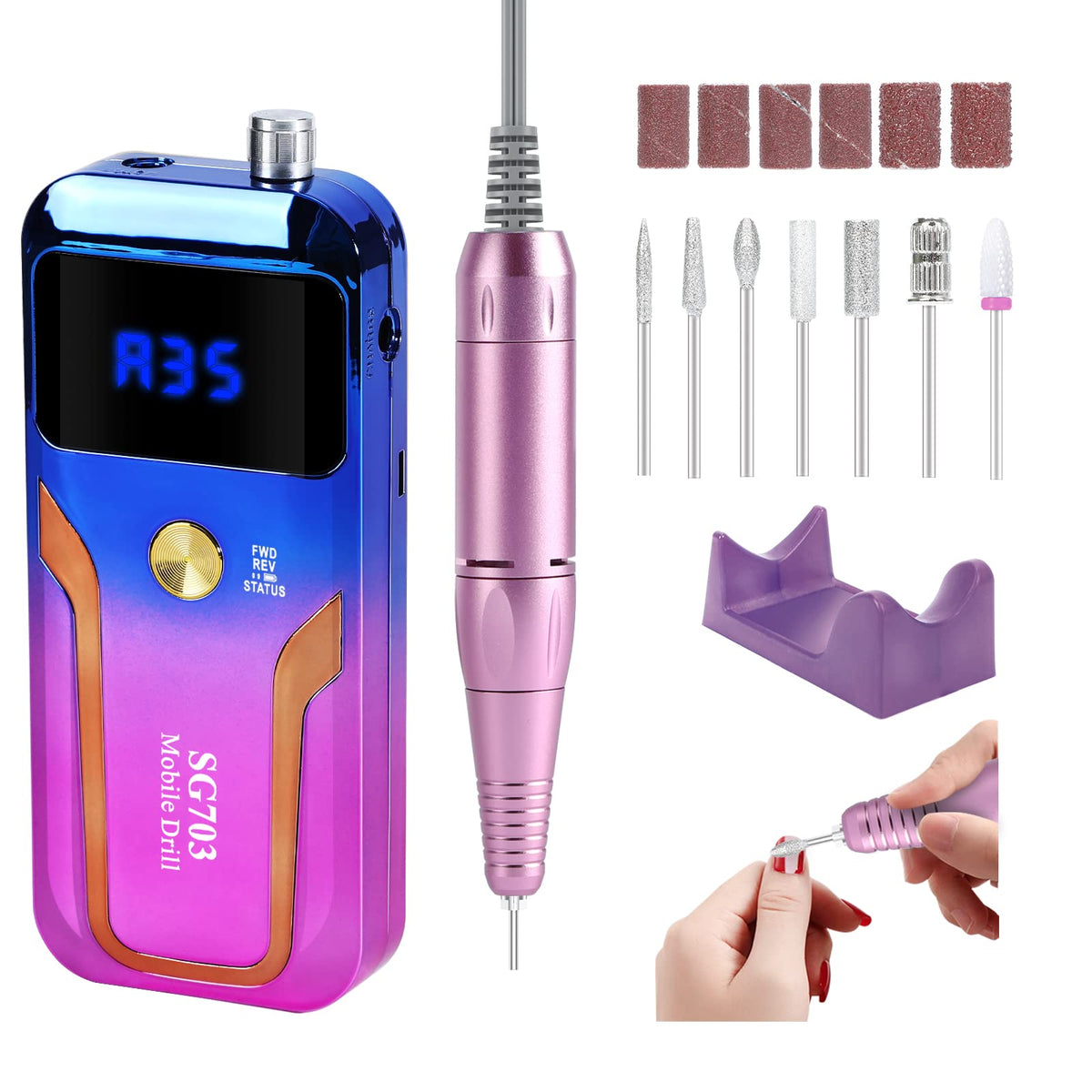 MOCOWIND front packaging showing cordless nail drill kit and color options offering portability
