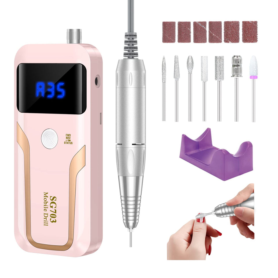 MOCOWIND front view showing compact pink cordless nail drill and benefits of portability