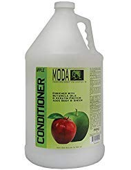 MODA front label of 128 oz apple conditioner showing product benefits and professional packaging