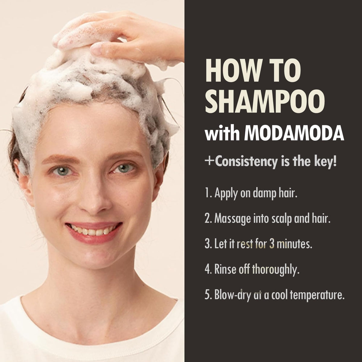 MODA MODA in-shower application showing gentle scalp massage
