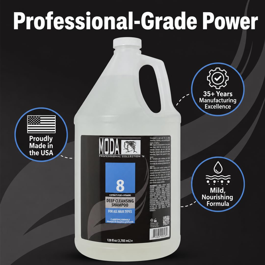 MODA bottle on salon shelf suggesting professional-strength clarifying performance