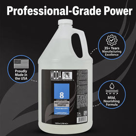 MODA bottle on salon shelf suggesting professional-strength clarifying performance