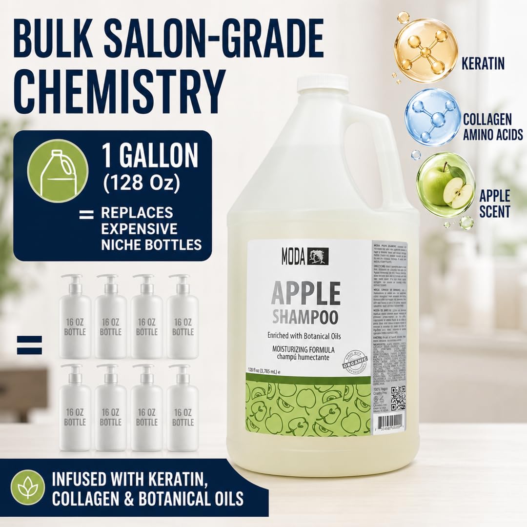 MODA bottle with pump dispensing shampoo into hand for easy refill benefit