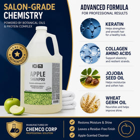MODA shampoo beside a water bottle showing 128 oz scale and cost savings