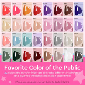 modelones 32 color swatches display of pastel pinks and glitters for variety