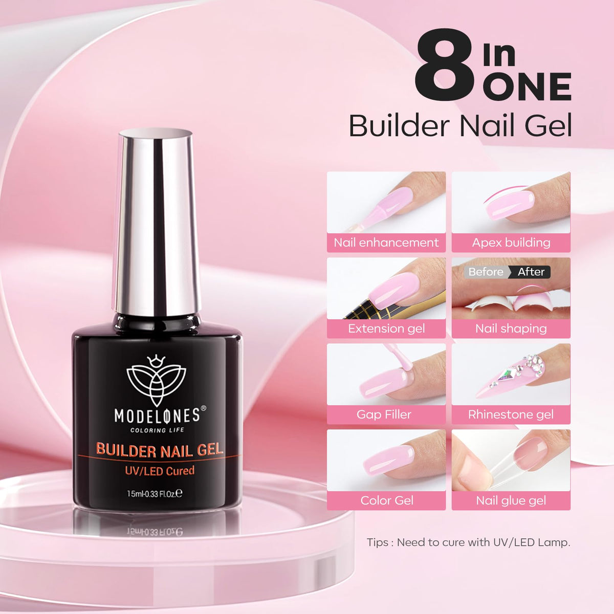 modelones baby pink builder gel swatch on nail plate showing natural color