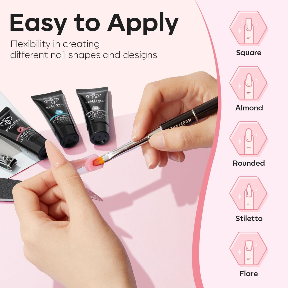 Modelones close-up of glossy cured poly gel nails showing smooth finish